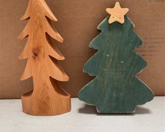 Two Wooden Christmas Trees, Natural Finish and Green with Star