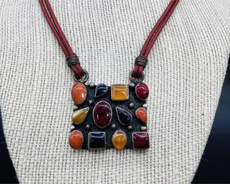 Mexican Sterling Silver Mosaic Necklace on Double Red Leather Cord