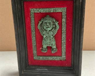Framed Pre-Columbian Motif Relief Plaque, Green Figure on Red Flocked Panel