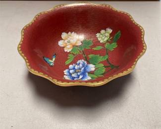 Chinese Cloisonne Lobed Bowl with Peonies and Butterfly on Red Ground