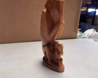 Carved Wood Sculpture of a Seated Monkey with Its Young