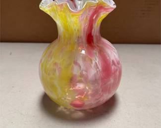 End of Day Spatter Art Glass Vase with Ruffled Rim, Pink and Yellow
