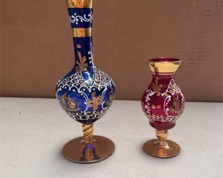 Italian Venetian Enameled Gilt Glass Vases, Cobalt and Ruby, Courting Couples