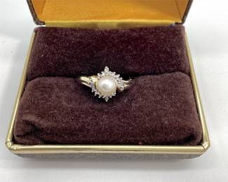 10K Yellow Gold Pearl and Diamond Bypass Ring