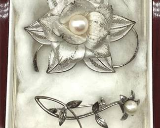 Two Silver Floral Brooches with Cultured Pearls, Filigree Flower and Sprig