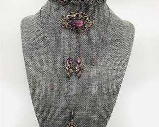 Beau Sterling Bracelet with Amethyst Earrings, Necklace & Brooch