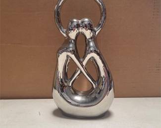 Abstract Embracing Couple Sculpture in Silver Mirror-Finish Ceramic