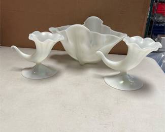 Steuben Ivrene Grotesque Bowl and Pair of Cornucopia Vases