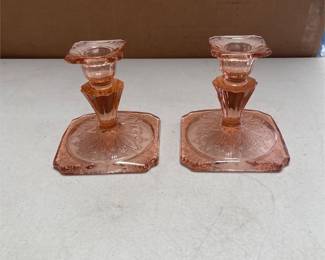 Jeannette Adam Pink Depression Glass Candlesticks, Pair
