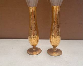 Pair of Gold Encrusted Glass Bud Vases with Floral Overlay, Ruffled Clear Rims