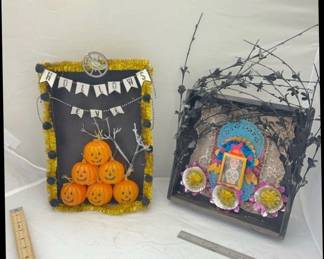 2 Vignettes, Original Art, Halloween decor, dia de los muertos