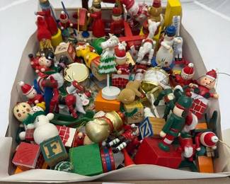 Toyland, wood toy ornaments, christmas figurines, assorted wood toys