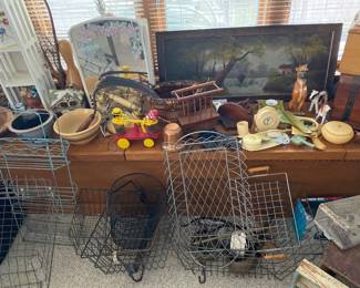 Misc wire baskets , yellow ware bowls