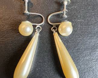 Vintage Faux Pearl and Lucite Teardrop Screw-Back Earrings