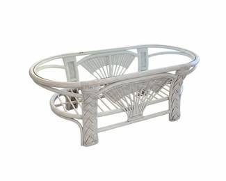 White Rattan and Wicker Oval Coffee Table