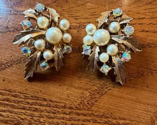 Vintage Trifari Faux Pearl and Aurora Borealis Leaf Cluster Earrings