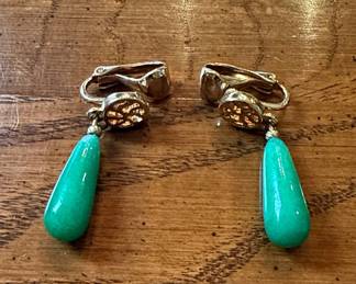 Vintage Gold-Tone Clip-On Drop Earrings with Green Teardrop Cabochons