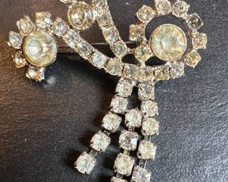 Vintage Rhinestone Ribbon and Tassel Brooch