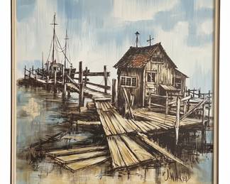 J. Wakely Nautical Dockside Oil Painting