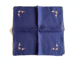 Vintage Navy Blue Linen Handkerchief with Floral Embroidery