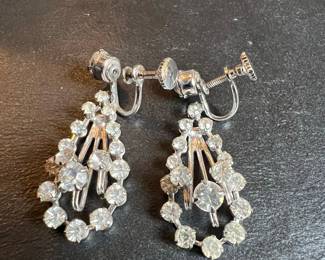 Vintage Rhinestone Screw-Back Chandelier Earrings