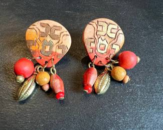Artisan Hand-Painted Wood and Bead Dangle Earrings