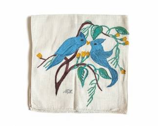 Vintage Hand-Painted Handkerchief with Bluebirds