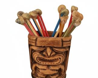 Vintage Tiki Toothpick Holder with Seashell Swizzle Sticks