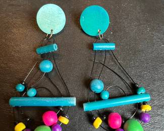 Vintage 1980s Geometric Painted Wood Statement Earrings