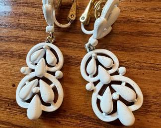 Trifari White Enamel Clip-On Earrings