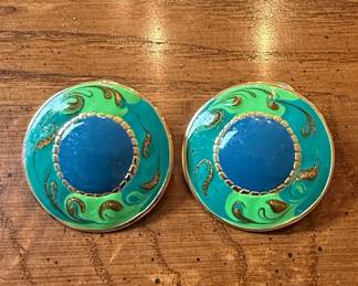 Vintage Enamel and Gold-Tone Button Earrings