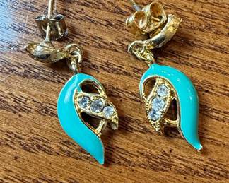 Teal Enamel and Rhinestone Drop Earrings