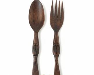 Vintage Hand-Carved Wooden Tiki Fork and Spoon Wall Art