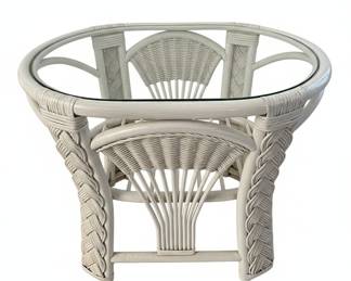 Vintage White Wicker and Rattan Glass-Top Side Table