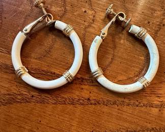 Vintage Napier White Enamel and Gold-Tone Hoop Screw-Back Earrings