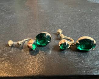 Vintage Green Glass Paste Screw-Back Earrings