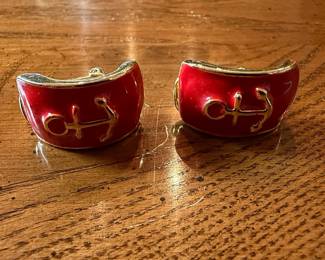 Vintage Gold-Tone and Red Enamel Anchor Clip-On Earrings