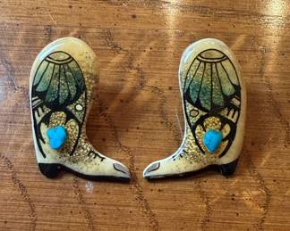 Vintage Cowboy Boot Earrings with Turquoise Inlay
