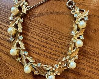 Vintage Faux Pearl and Rhinestone Leaf Bracelet