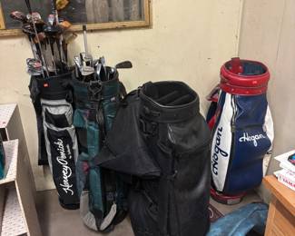 MORE GOLF CLUBS, VINTAGE HOGAN RED, WHITE, & BLUE GOLF BAG
