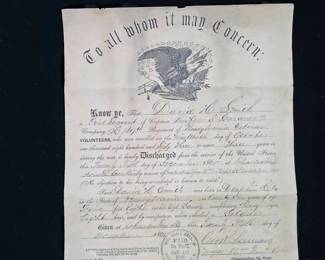 1865 Civil War Discharge for David H Smith