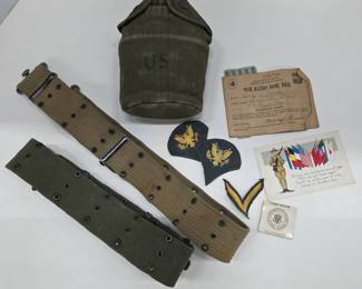 WWII US Army Lot: Canteen, Belts, Patches