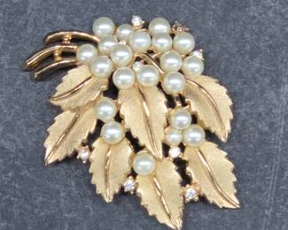 	Trifari Leaf Brooch Faux Pearls & Rhinestones