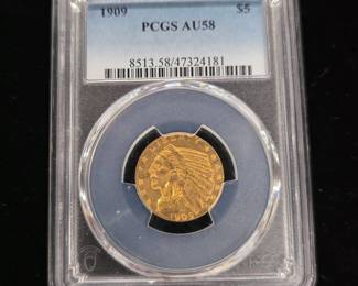 1909 $5 Indian Head Gold Coin PCGS AU58