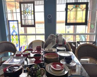Assortment of Dishes, Stain glass, Owl, Glass top kitchen table