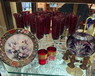 Ruby Red Champagne Flutes, Purple cut Crystal bowl
