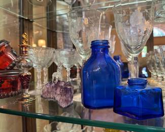 Amethyst rock with blown glass unicorn, Colbalt blue bottles