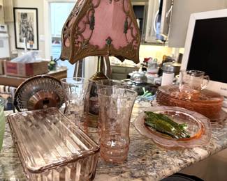 Pink depression glass, and antique table lamp