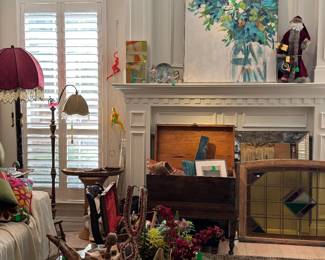 Original artwork, Sugar chest, Sanata, Glass Top Coffee Table, Woods, Stain Glass, Antique Floor Lamps