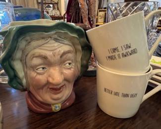 Toby Jug, England, Beskwickware, named Sainey Gamp and Sip drinkware with funny sayings
